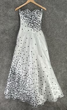 VTG MASQUERADE BLACK WHITE SILVER POLKA DOT HOCO Formal Dress Pageant EUC 3/4